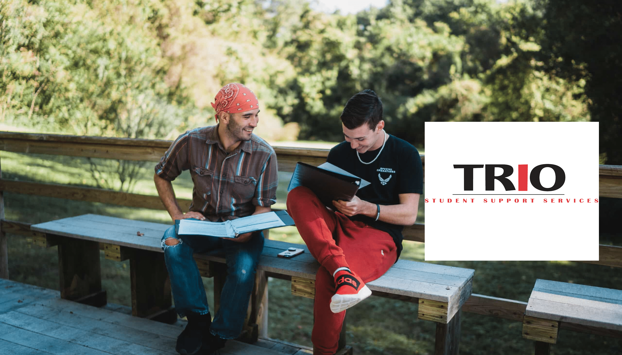 Students sitting in outdoor classroom with TRIO Student Support Services logo in image.